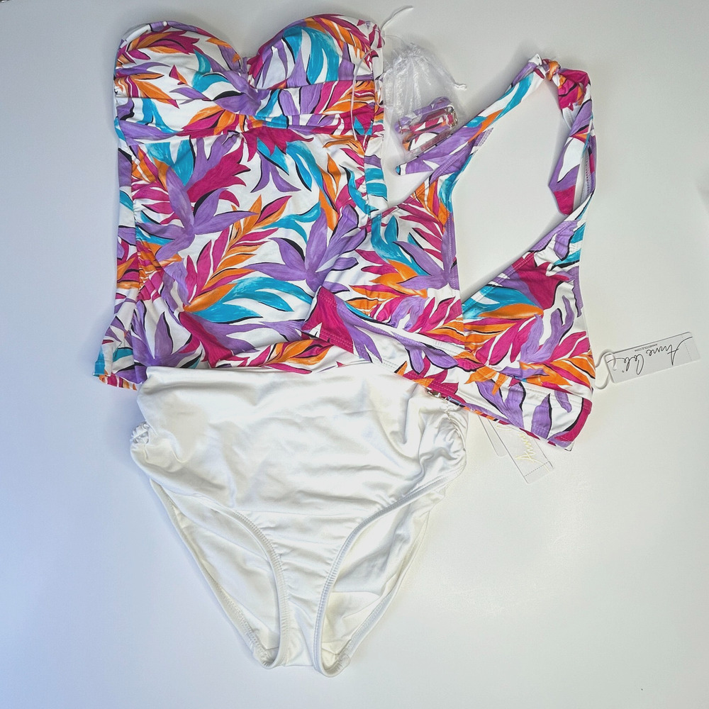 Anne Cole 3 Piece Set Swimsuit Floral Bikini Top White Bottom Women's XS NWT